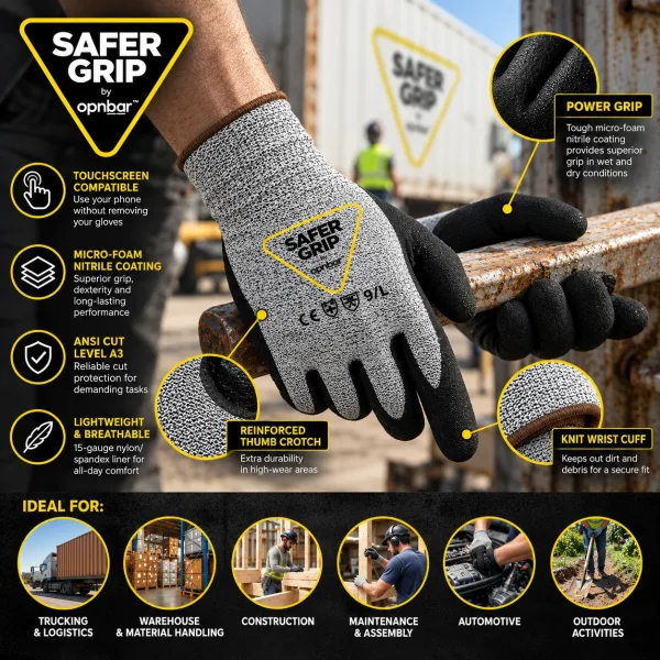 Safer Grip by OPNBar A3 cut resistant gloves – touchscreen, micro-foam nitrile grip, ANSI cut level A3