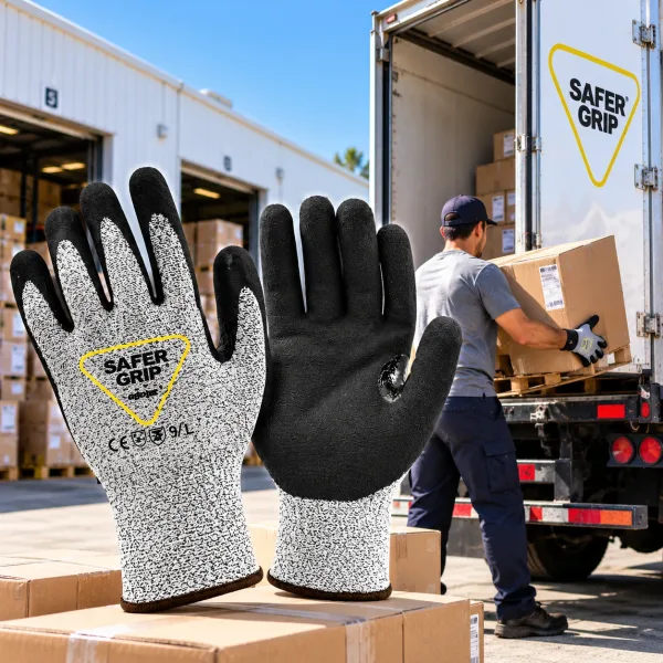 Safer Grip by OPNBar A3 cut resistant nitrile coated gloves at a warehouse loading dock