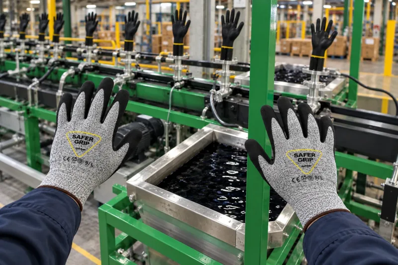 Safer Grip by OPNBar nitrile coated gloves in front of the nitrile dipping production line
