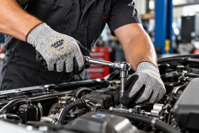Mechanic wearing Safer Grip by OPNBar nitrile coated gloves using a ratchet on a car engine