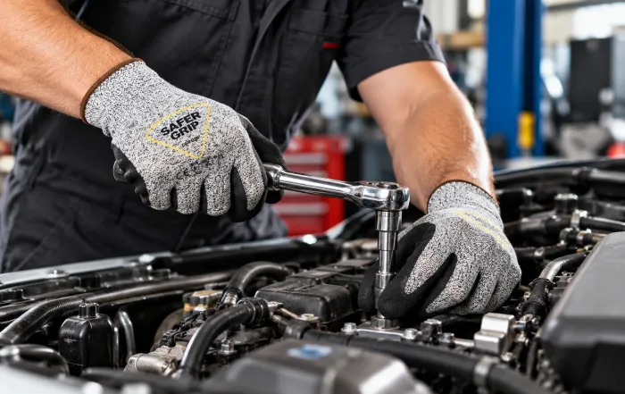 Mechanic wearing Safer Grip by OPNBar nitrile coated gloves using a ratchet on a car engine