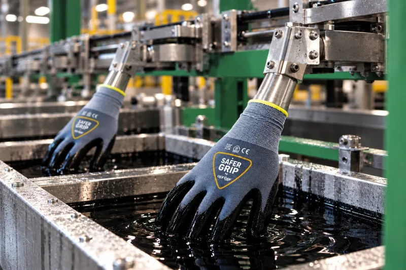 Safer Grip by OPNBar gloves being dipped in nitrile coating on the production line