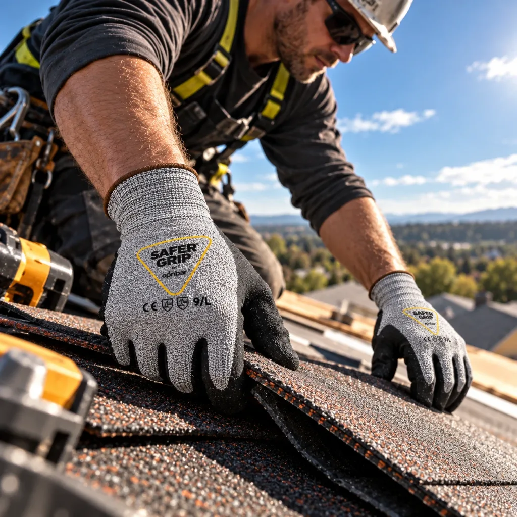 Roofer wearing Safer Grip by OPNBar nitrile coated work gloves installing shingles
