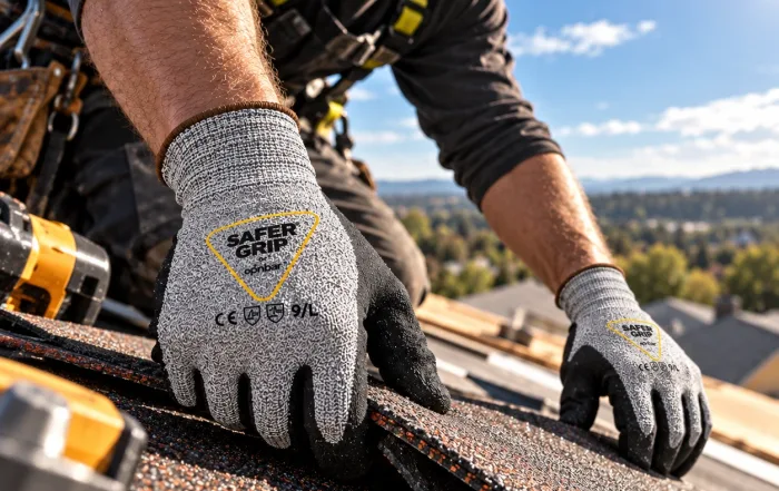 Roofer wearing Safer Grip by OPNBar nitrile coated work gloves installing shingles