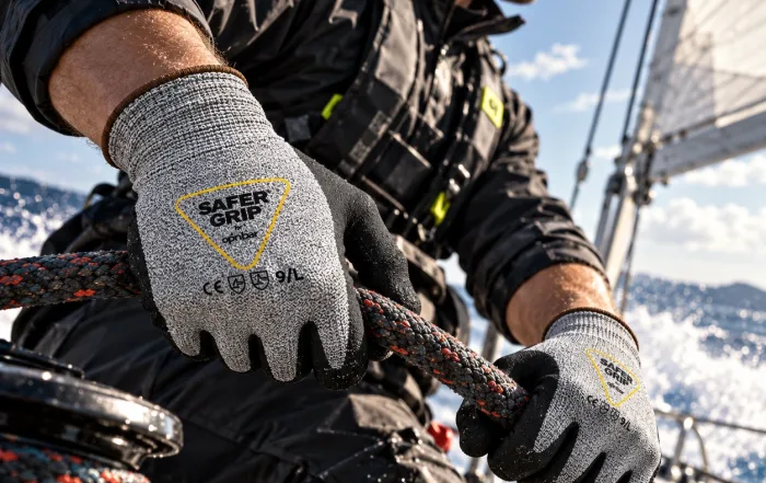 Sailor wearing Safer Grip by OPNBar gloves pulling a line on a sailboat